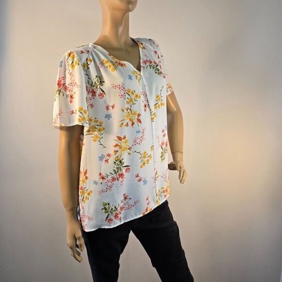 Liz Claiborne Top Floral Short Sleeve Blouse V Neck Spring Career Womens Size L - Picture 5 of 8